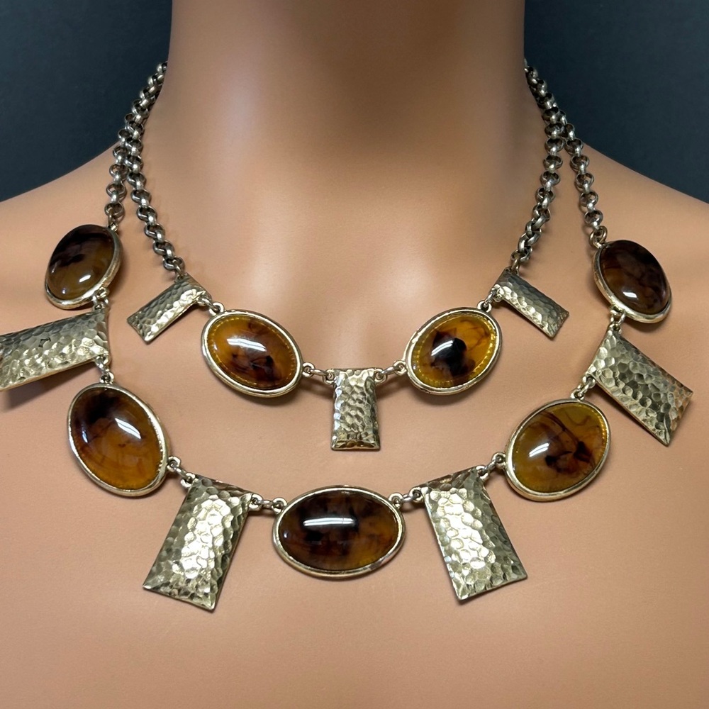 Chic Gold & Amber Stone Double Stranded Statement Necklace*